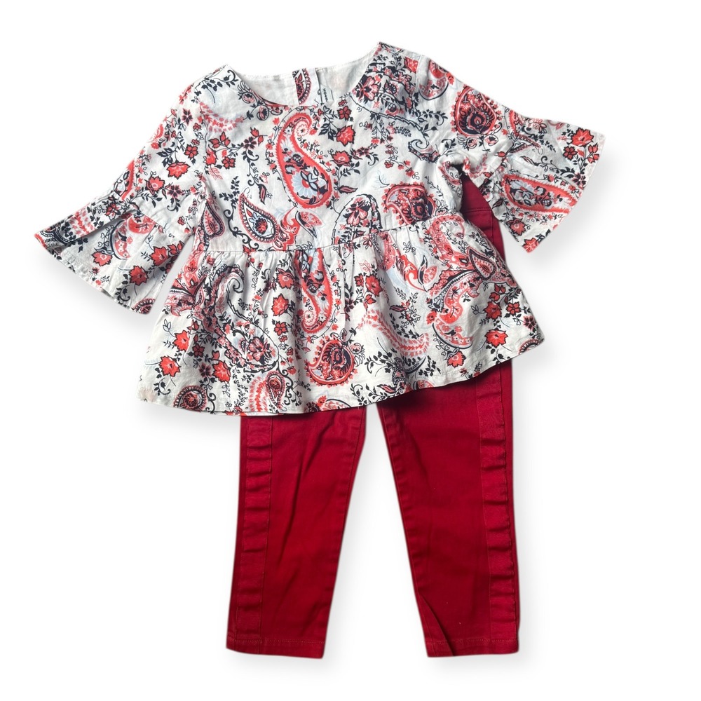 Janie‎ and Jack Toddler Girls Red Paisley Peplum Top and Ruffle Pants Set Size 3